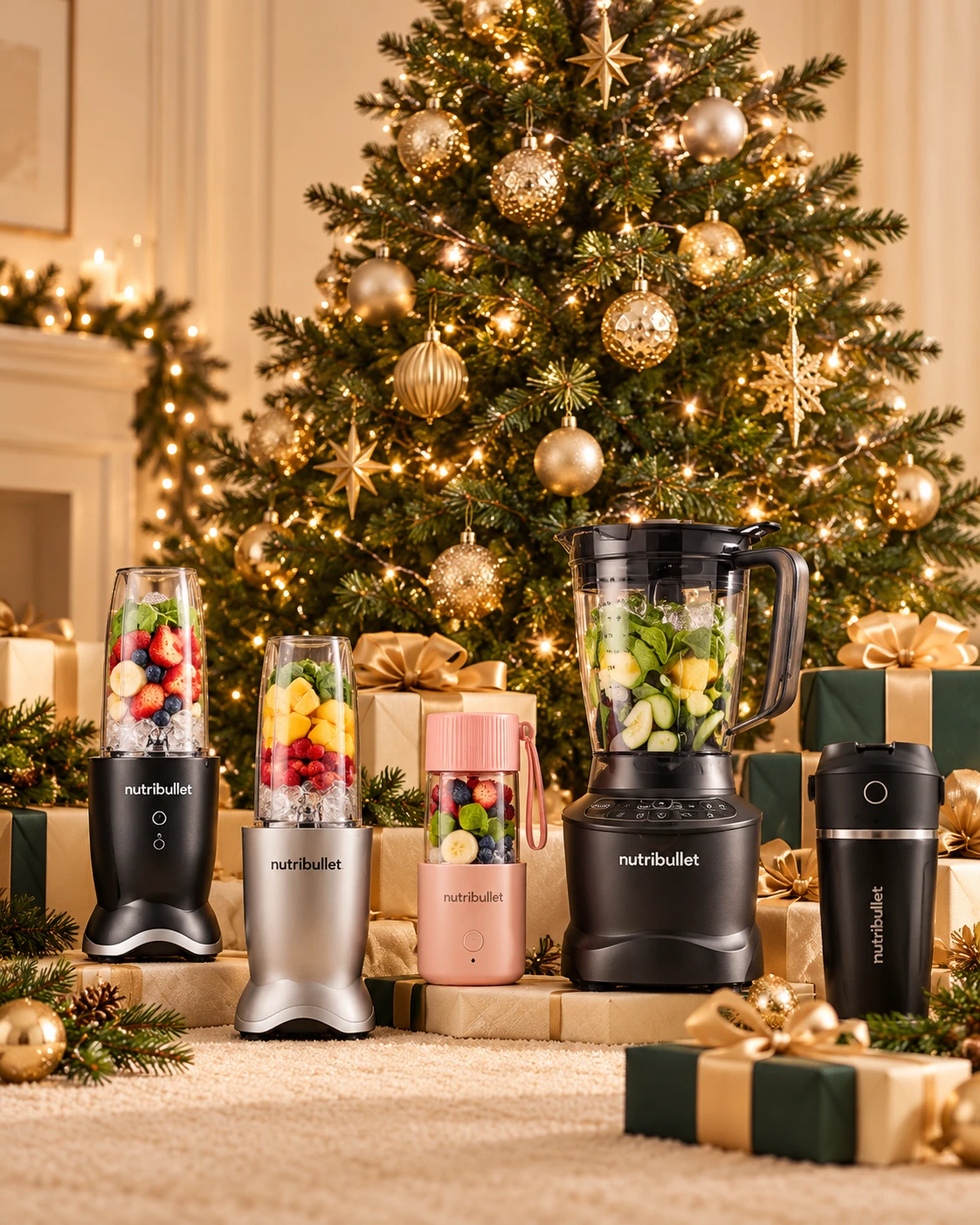 nutribullet-blenders als geschenken onder een versierde kerstboom
